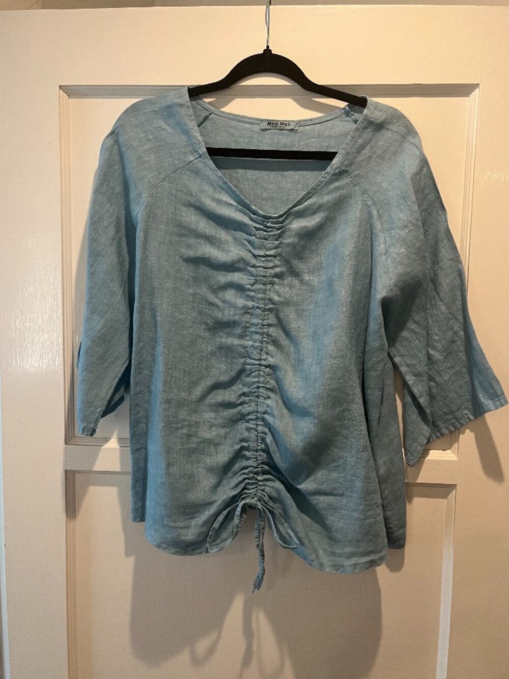 Meo Meli Made in Italy Linen Blouse with Center Drawstring, Aqua, L